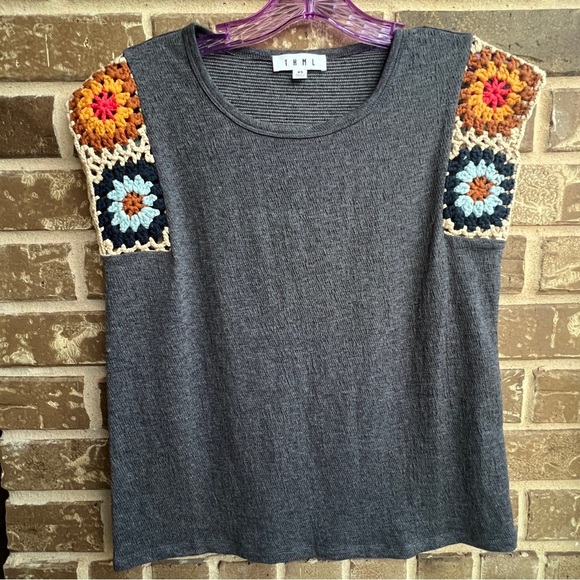 THML Tops - THML Crochet Sleeves Top Gray Blouse  Women’s Size XS